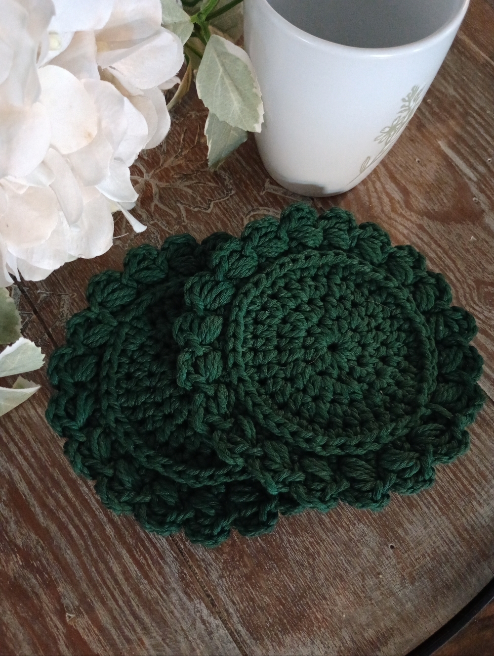 Set Of 2 Handmade Dark Green Farmhouse Style Crochet Coasters - 100% Cotton